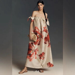 Women's Hutch Beige Red Floral Off-Shoulder Maxi Dress S